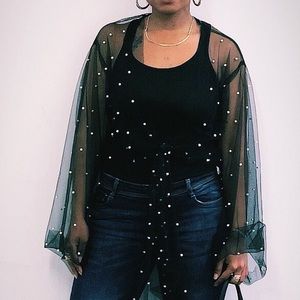 Tulle Bell Sleeved Top with Pearl Embellishment